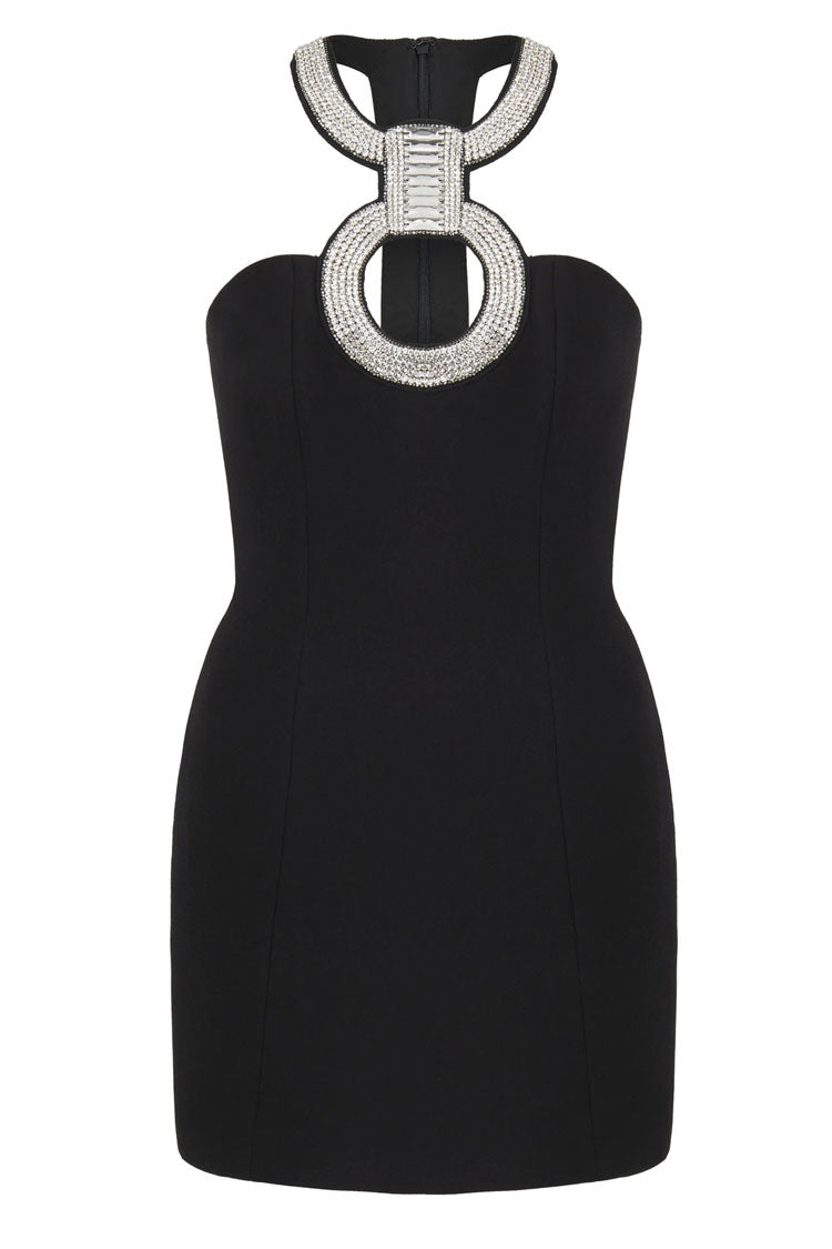 Black Halter Neck Rhinestone O-Ring Cutout Bandage Bodycon Mini Dress