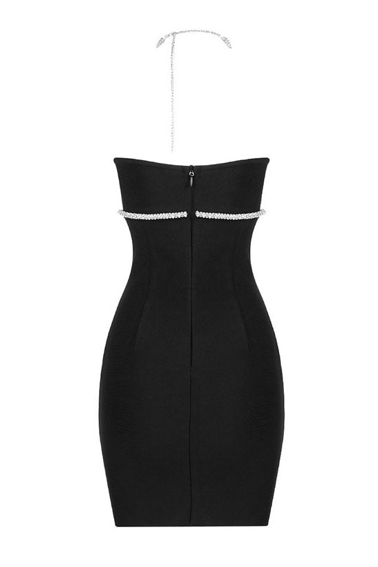Black Rhinestone Halter Strap Bustier Bandage Bodycon Mini Dress