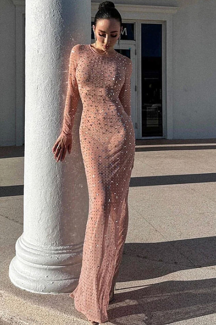 Pink Round Neck Long Sleeve Rhinestone Sheer Mesh Bodycon Maxi Dress