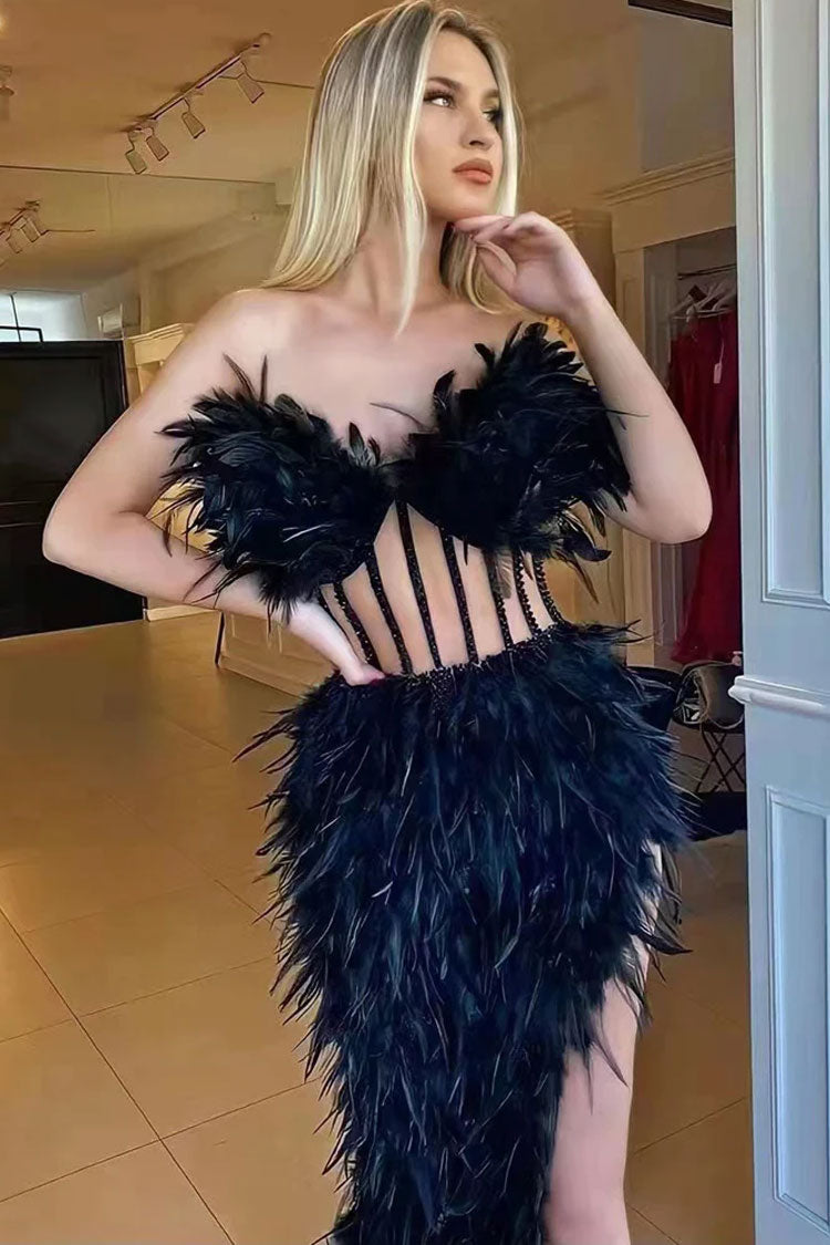 Black Strapless Feather Trim Boned Corset Bodycon Mini Dress