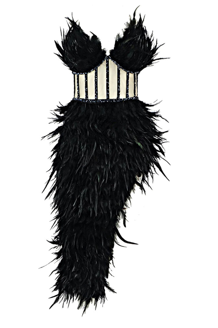 Black Strapless Feather Trim Boned Corset Bodycon Mini Dress