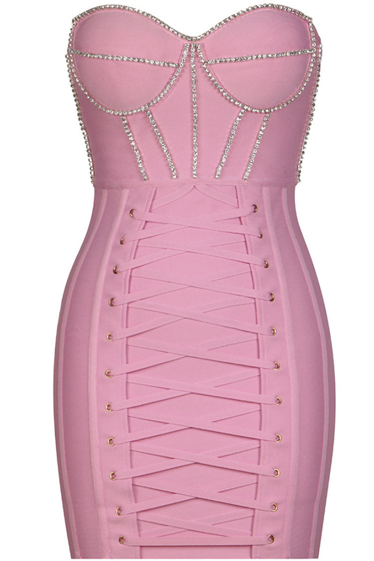Pink Strapless Rhinestone Corset Lace-Up Bodycon Mini Dress