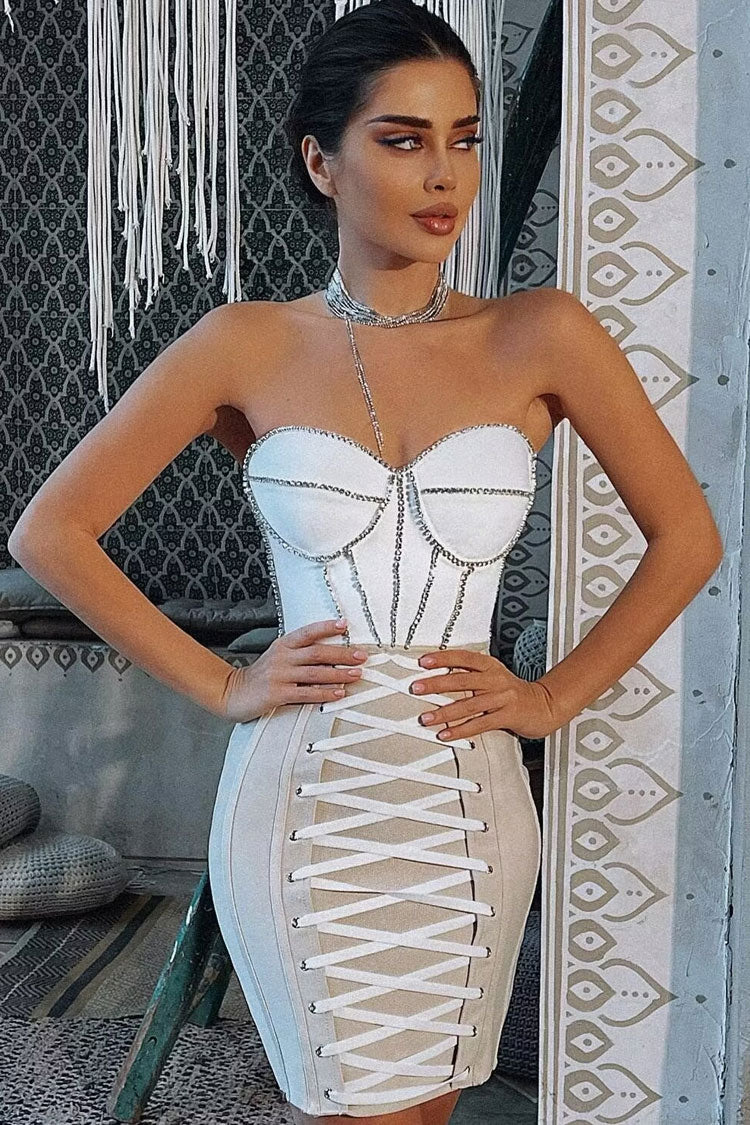 White Strapless Sweetheart Rhinestone Corset Lace-Up Bandage Bodycon Mini Dress