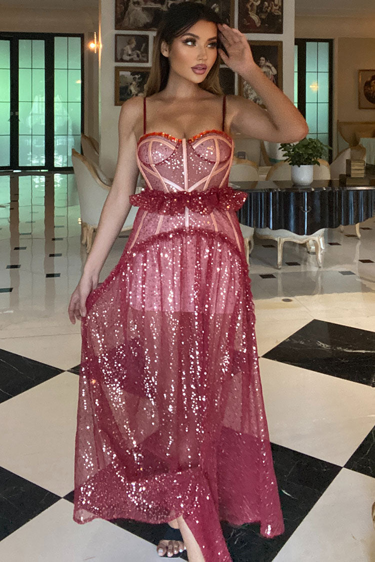 Red Spaghetti Strap Sweetheart Corset Sequin Tulle Sheer Maxi Dress