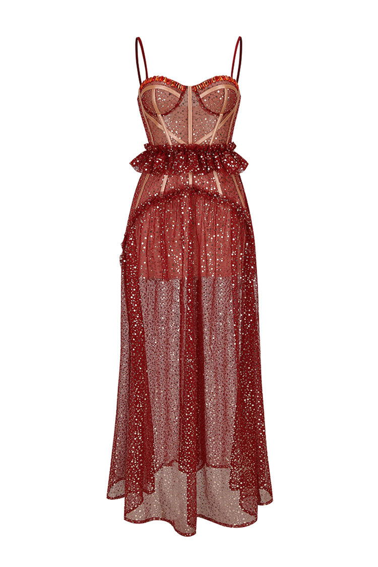 Red Spaghetti Strap Sweetheart Corset Sequin Tulle Sheer Maxi Dress