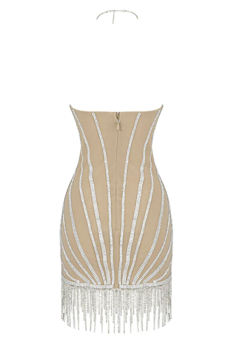 Sparkly Rhinestone Sweetheart Halter Neck Mesh Fringe Party Mini Dress - Silver