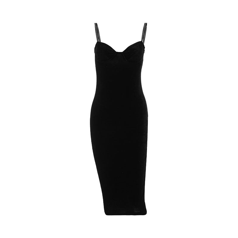 Black Rhinestone Strap Sweetheart Neck Velvet Bodycon Midi Dress