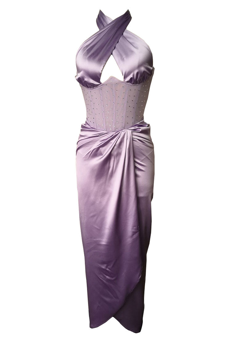 Purple Halter Neck Rhinestone Corset Satin High Slit Draped Maxi Dress