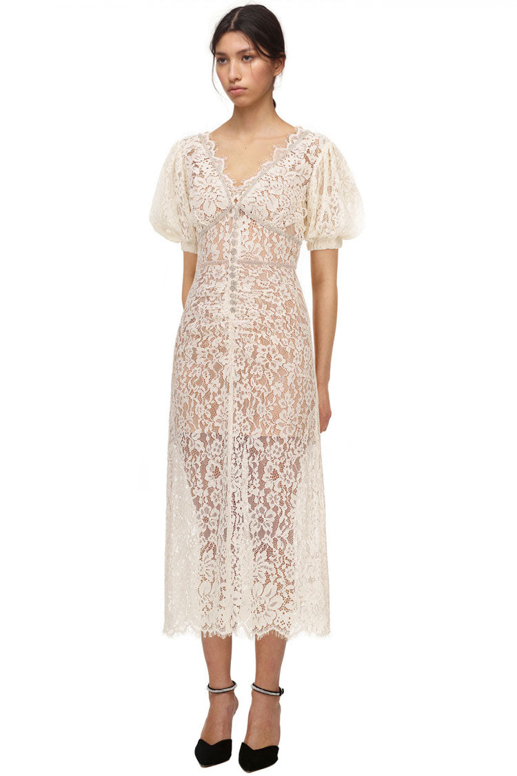 Cream V-Neck Puff Sleeve Floral Lace Sheer Button Front Midi Dress