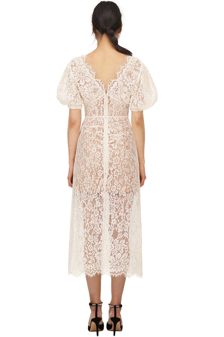 Cream V-Neck Puff Sleeve Floral Lace Sheer Button Front Midi Dress