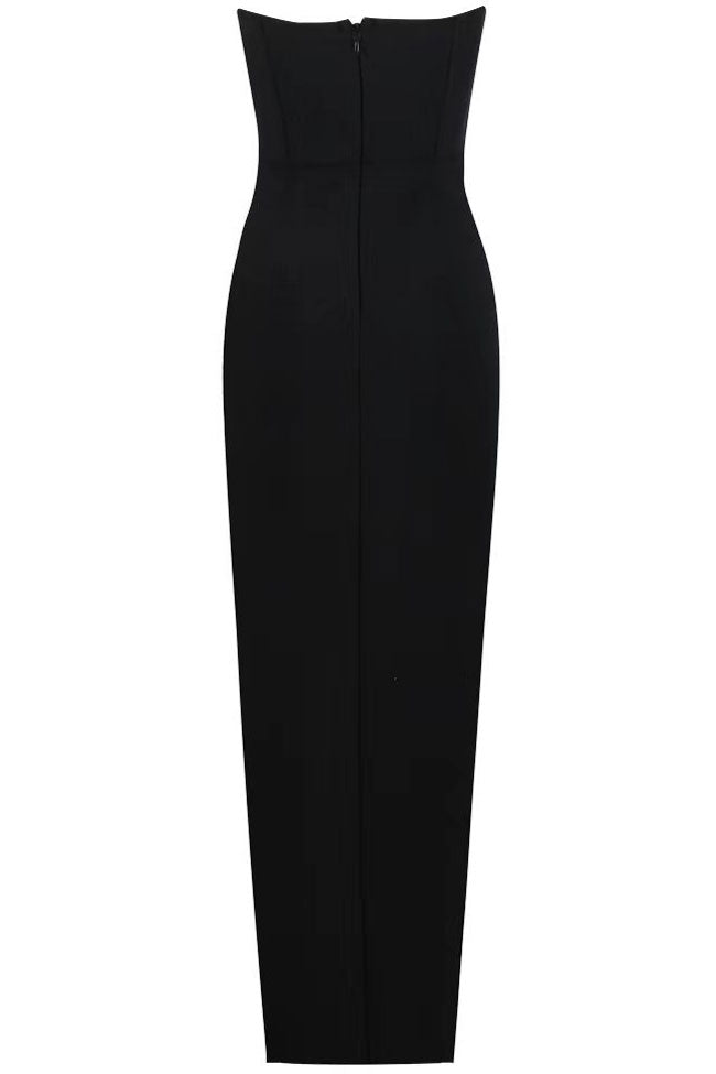 Black Strapless Rhinestone Rosette Corset High Slit Bodycon Maxi Dress