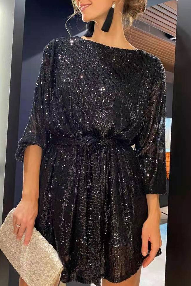 Black Boat Neck Bishop Sleeve Sequin Belted Shift Mini Dress