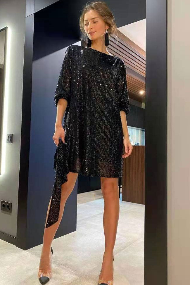 Black Boat Neck Bishop Sleeve Sequin Belted Shift Mini Dress