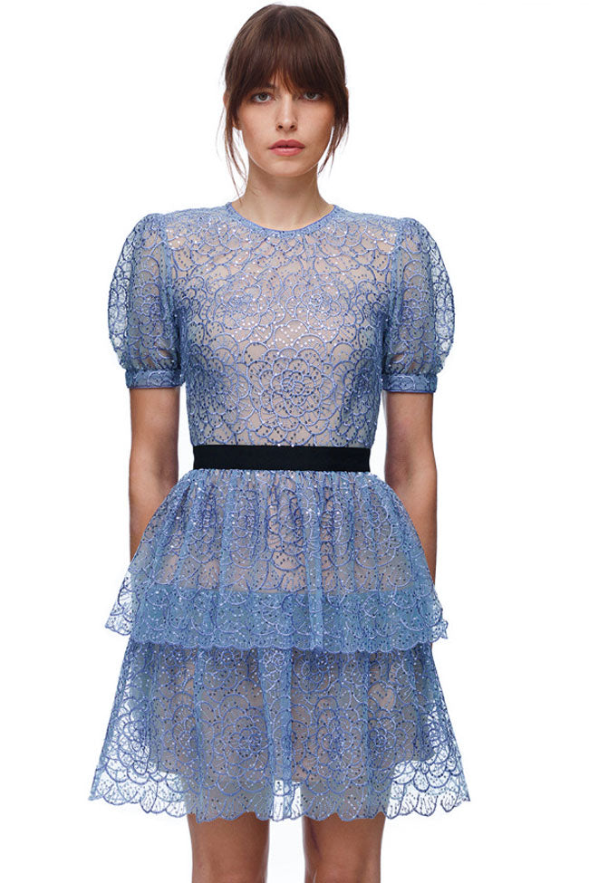 Blue Round Neck Puff Sleeve Sheer Lace Sequin Tiered Ruffle Mini Dress