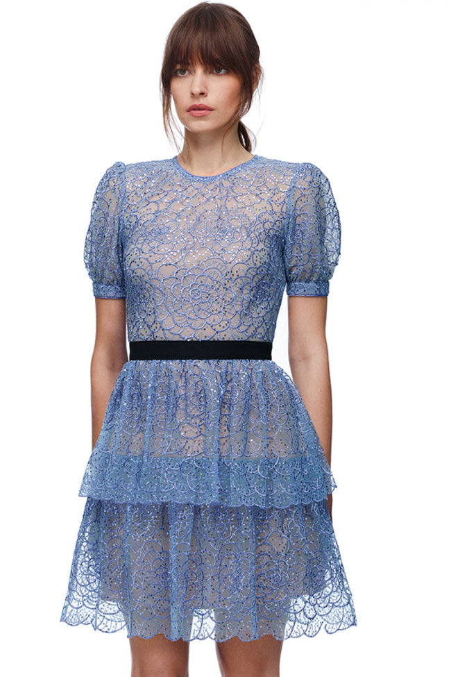 Blue Round Neck Puff Sleeve Sheer Lace Sequin Tiered Ruffle Mini Dress