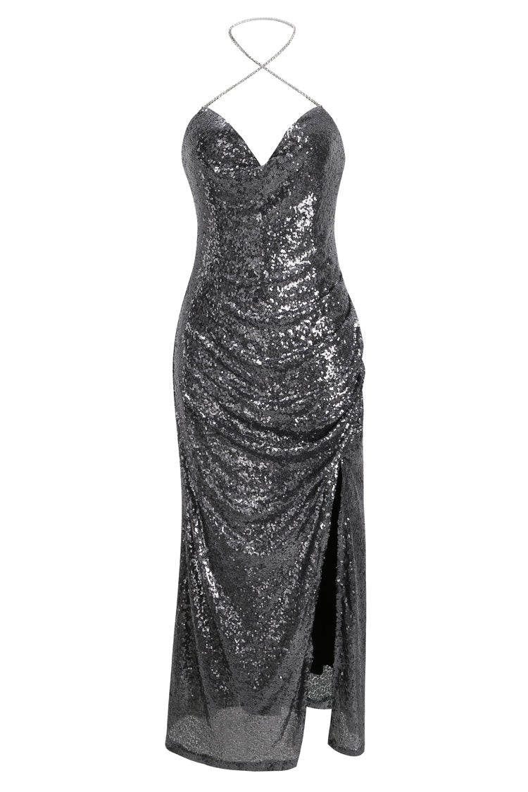 Silver V-Neck Spaghetti Strap Sequin Ruched High Slit Maxi Dress