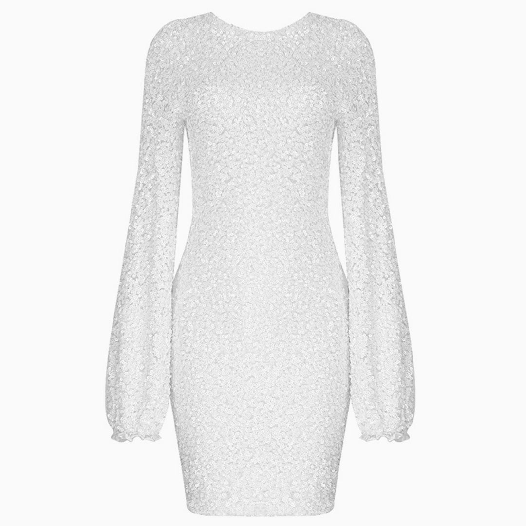 High Neck Sequin Bishop Sleeve Bodycon Mini Dress
