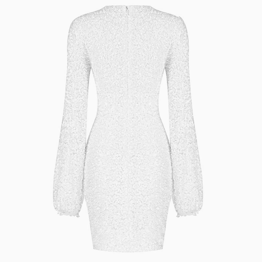 High Neck Sequin Bishop Sleeve Bodycon Mini Dress