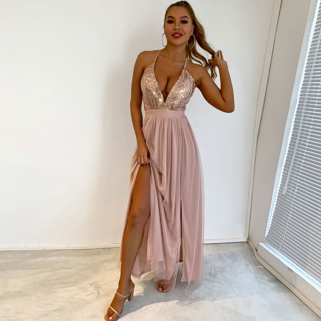 Champagne Spaghetti Strap Sequin Bodice Mesh Deep V Backless A-Line Maxi Dress