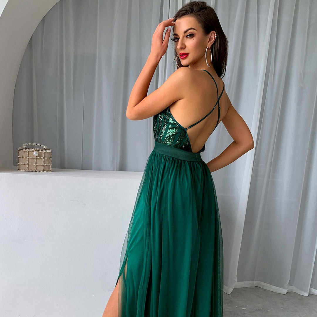 Emerald Green Spaghetti Strap Sequin Bodice Mesh Deep V Backless A-Line Maxi Dress