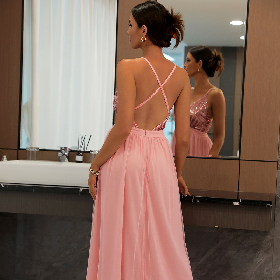 Pink Spaghetti Strap Sequin Bodice Mesh Deep V Backless A-Line Maxi Dress