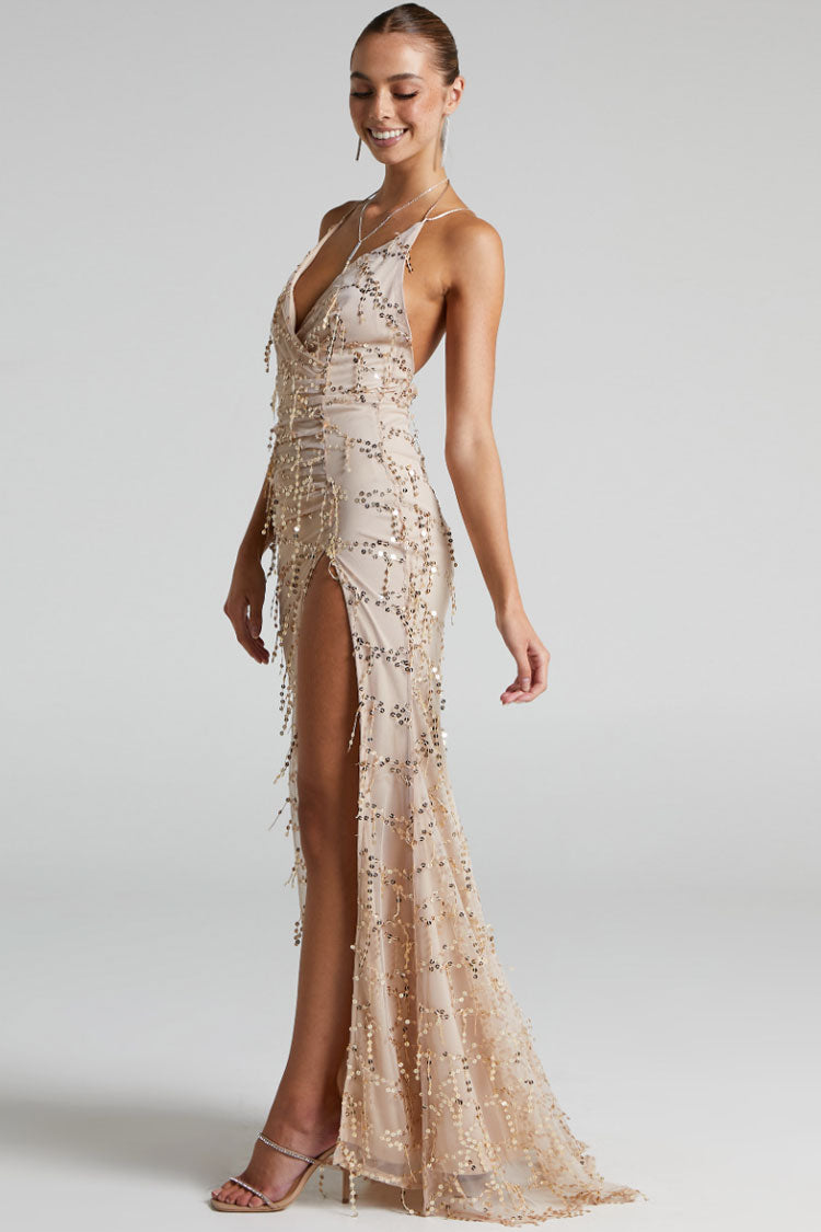 Champagne Spaghetti Strap V-Neck Sequin Vine Ruched High Slit Bodycon Maxi Dress