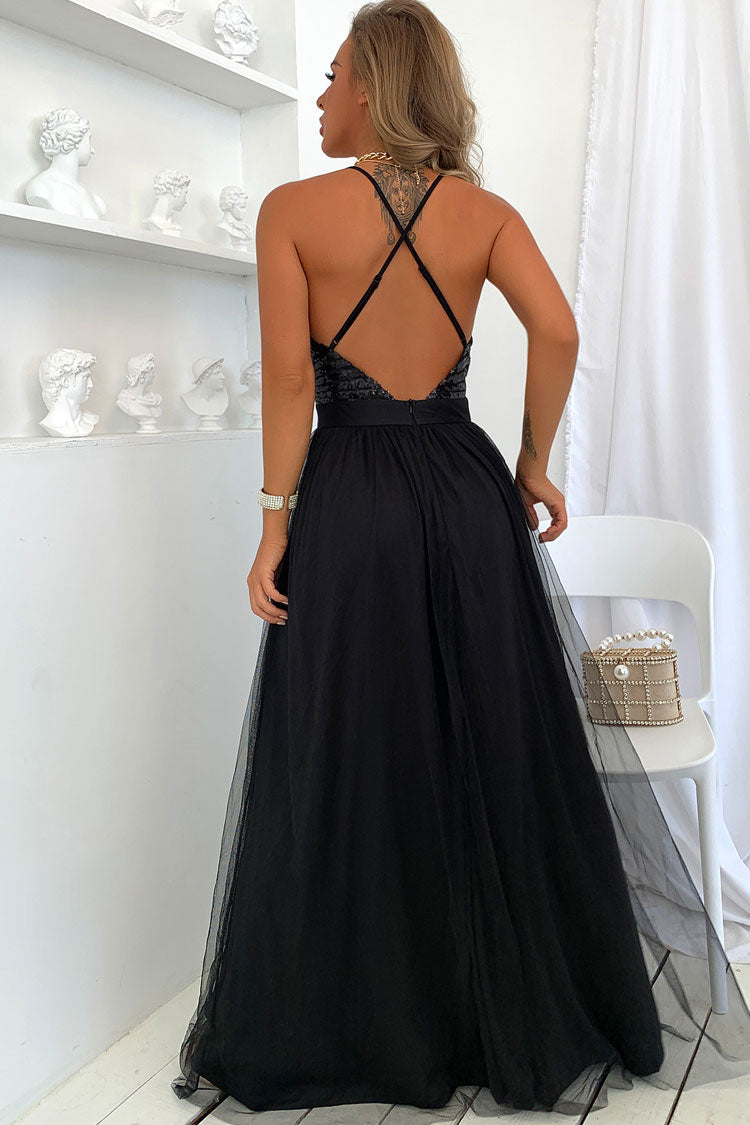Black Plunge Neck Sequin Bodice Tulle High Slit Maxi Dress
