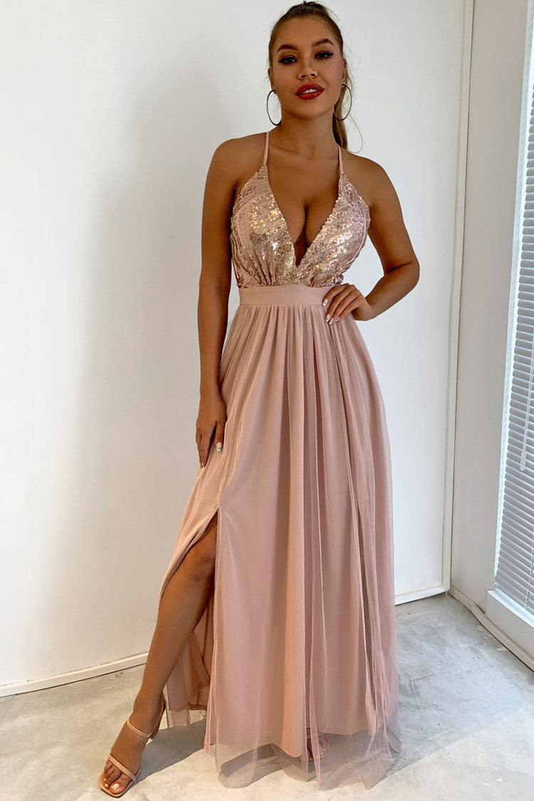 Champange Spaghetti Strap Plunge Sequin Striped Tulle High Slit A-Line Maxi Dress