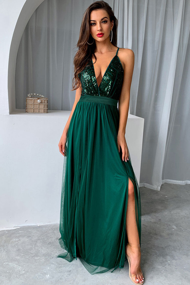 Green Halter Plunge Sequin Bodice Tulle High Slit A-Line Maxi Dress
