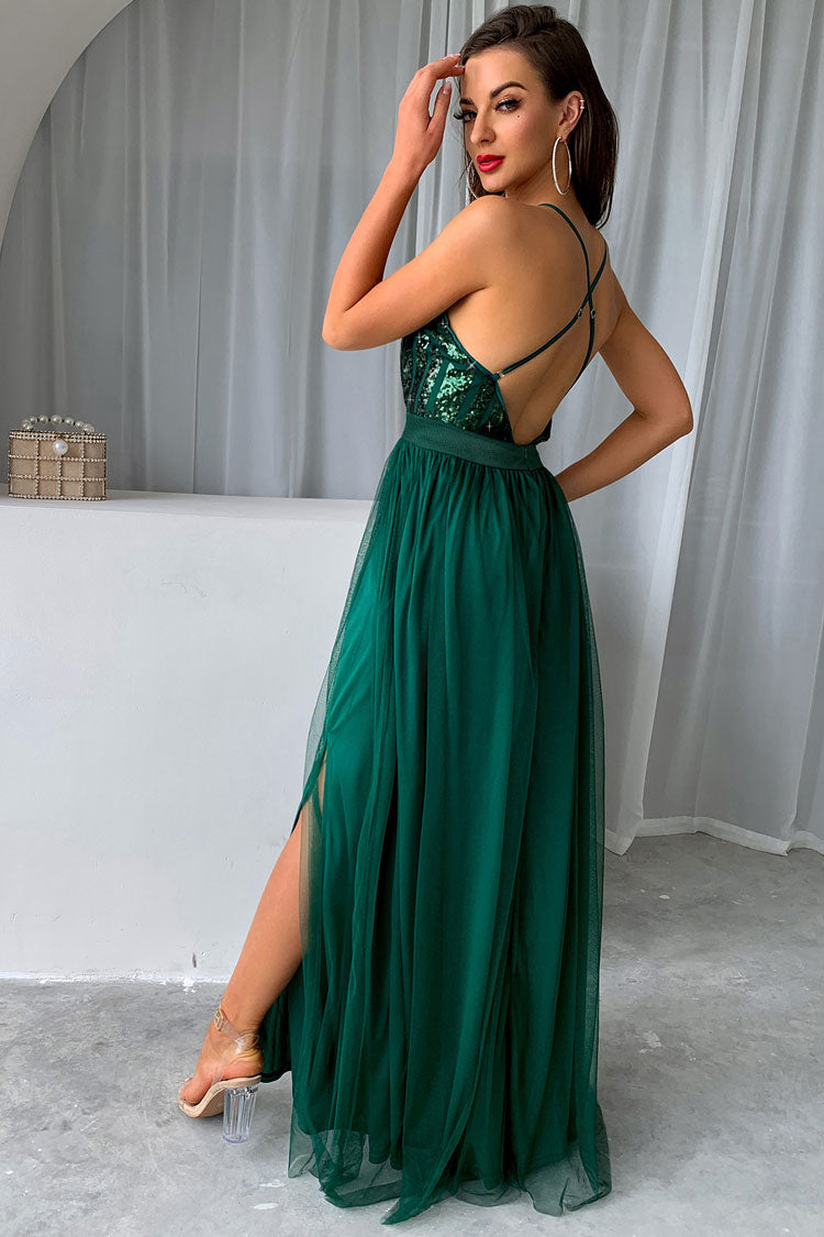 Green Halter Plunge Sequin Bodice Tulle High Slit A-Line Maxi Dress