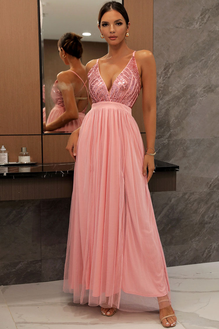 Pink Spaghetti Strap Deep V Sequin Bodice Tulle Backless Maxi Gown