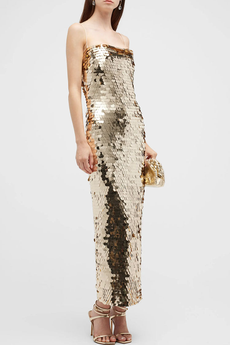 Gold Spaghetti Strap Square Neck Disc Sequin Bodycon Maxi Dress