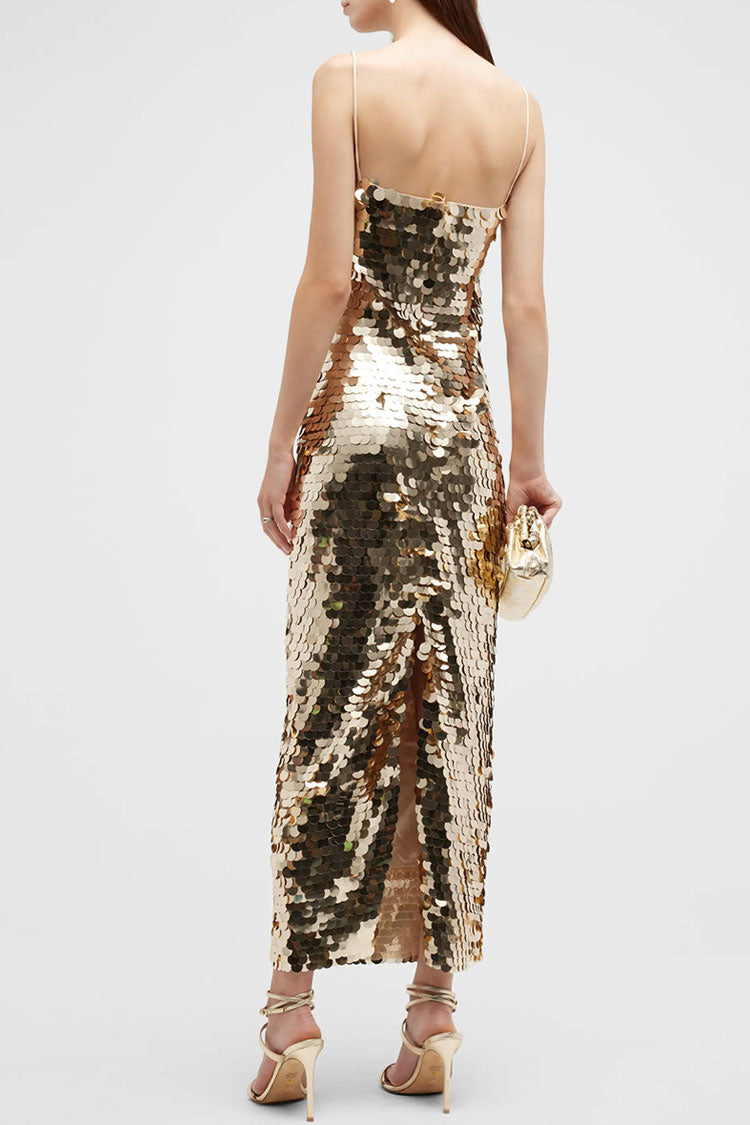 Gold Spaghetti Strap Square Neck Disc Sequin Bodycon Maxi Dress