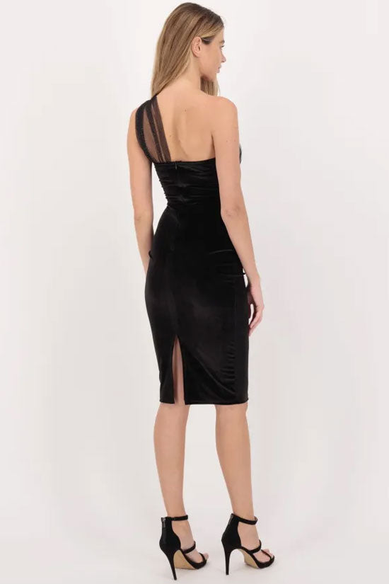 Black One Shoulder Glitter Tulle Illusion Velvet Bodycon Midi Dress