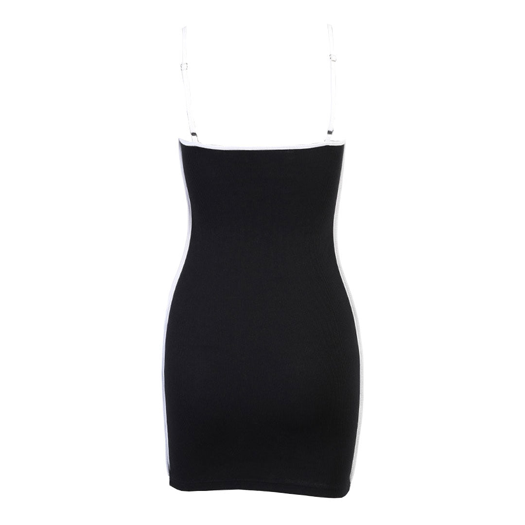 Black Spaghetti Strap Scoop Neck Contrast Trim Rib Knit Bodycon Mini Dress