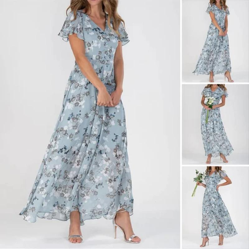Lucrecia Exclusive Long Dress with Short Sleeves and Floral Print Statement Occasion Edit