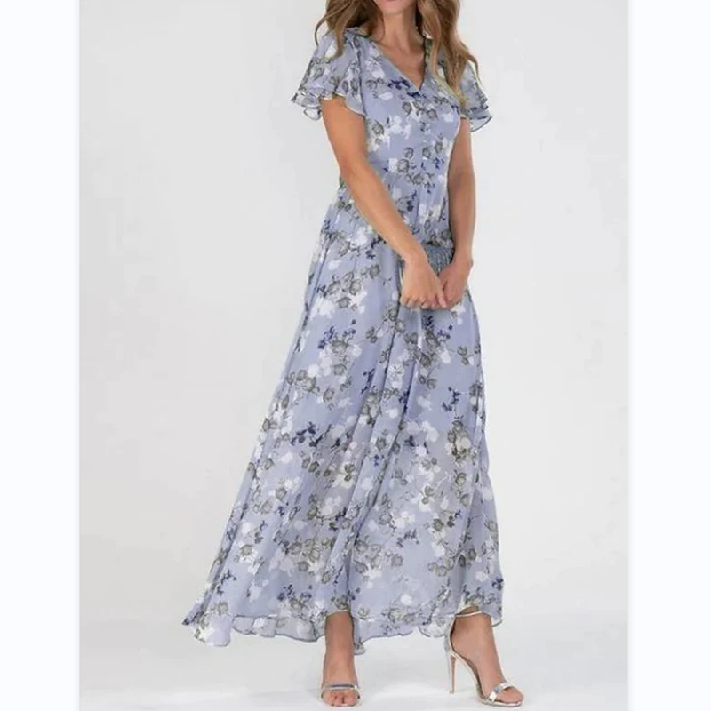 Sara Effortless Long Dress with Short Sleeves and Floral Print Statement Occasion Edit