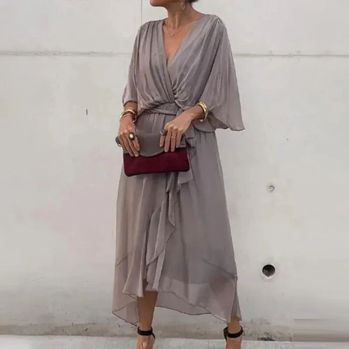 Natasha Minimalist Midi Dress with V Neckline and Loose Sleeves Chic Silhouette Collection
