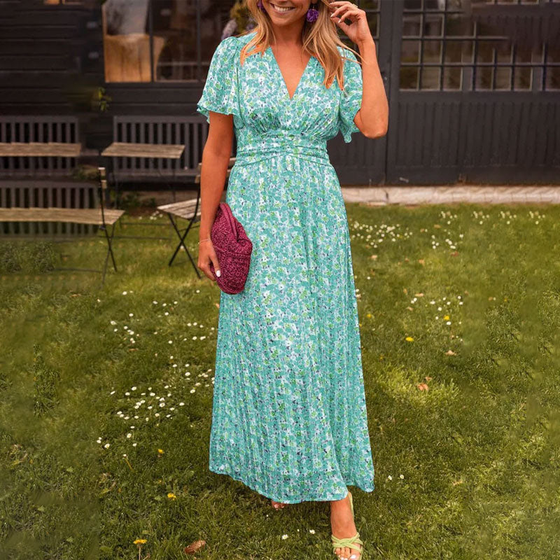 V-Neck Flutter Sleeve Floral Print Wrap Waist Flowy Maxi Dress 4