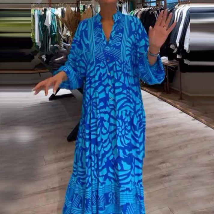 Stand Collar Button Front Abstract Print Tiered Shirt Maxi Dress