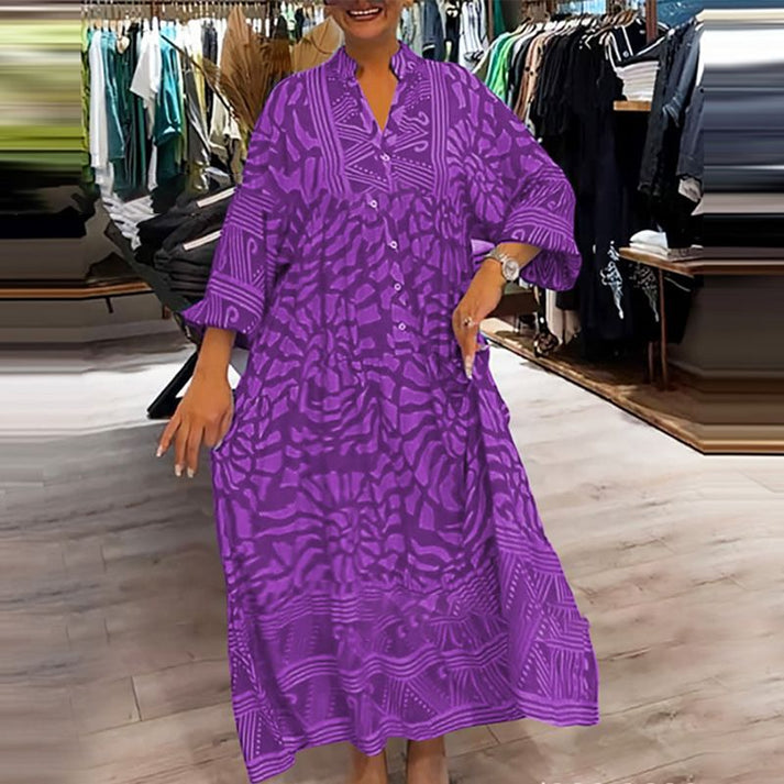 Stand Collar Button Front Abstract Print Tiered Shirt Maxi Dress 5