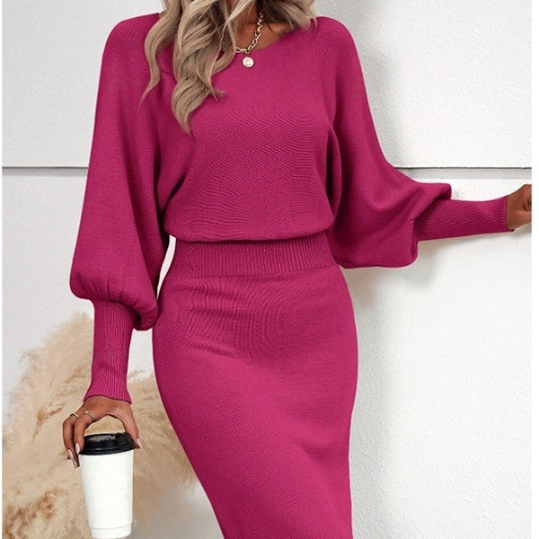 Round Neck Batwing Sleeve Ribbed Knit Bodycon Sweater Midi Dress