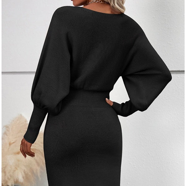 Round Neck Batwing Sleeve Ribbed Knit Bodycon Sweater Midi Dress