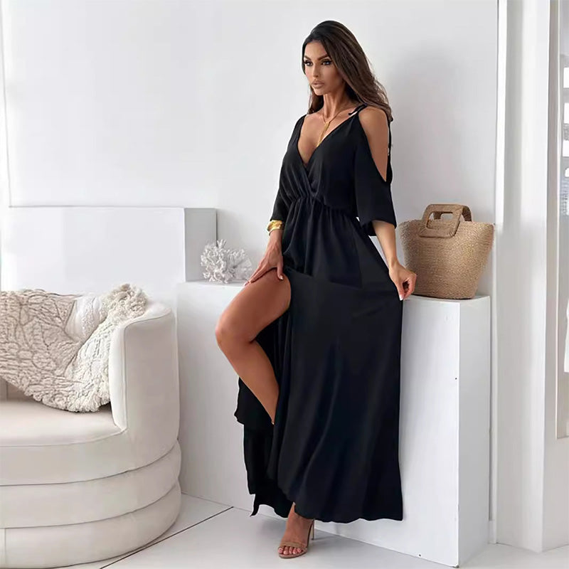 Deep V-Neck Cold Shoulder High Slit A-Line Maxi Dress