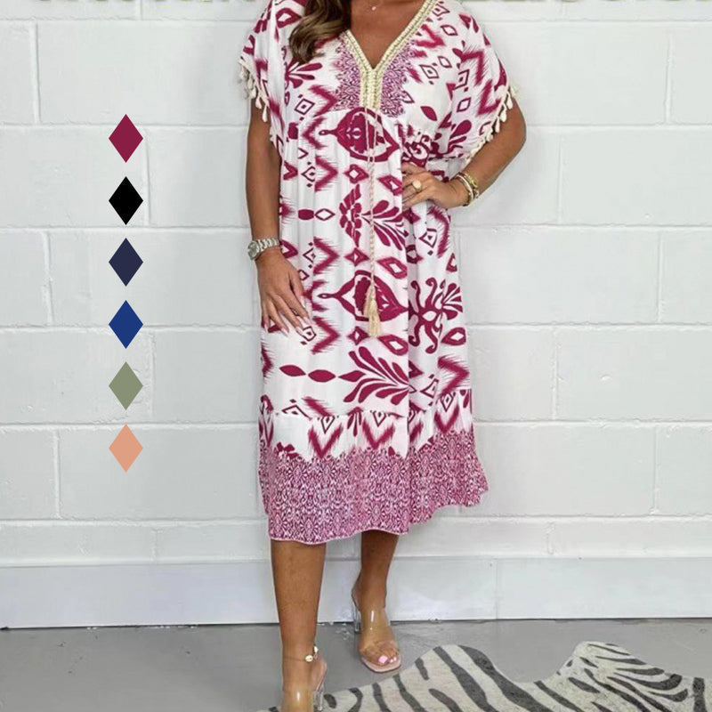 Tassel V-Neck Boho Print Lace Trim Short Sleeve A-Line Midi Dress