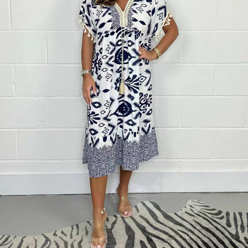 Tassel V-Neck Boho Print Lace Trim Short Sleeve A-Line Midi Dress