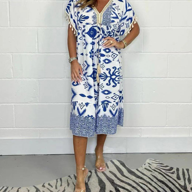 Tassel V-Neck Boho Print Lace Trim Short Sleeve A-Line Midi Dress