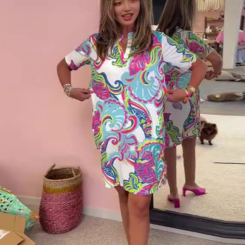Split Neck Short Sleeve Paisley Print Shift Mini Dress