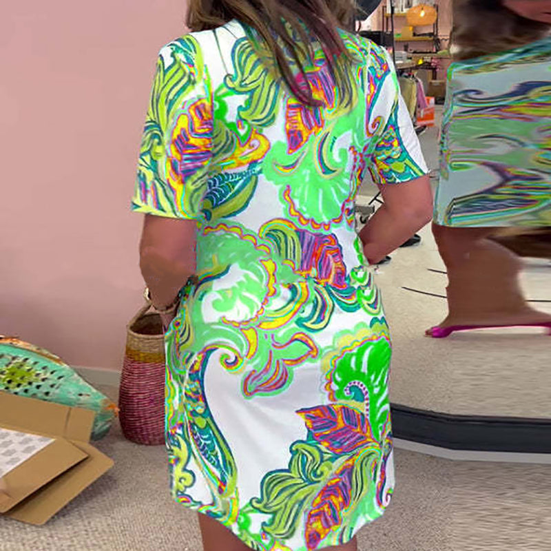 Split Neck Short Sleeve Paisley Print Shift Mini Dress