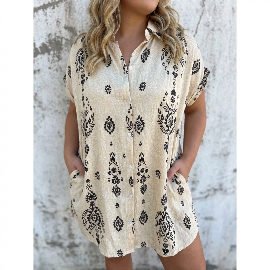 Collared Short Sleeve Baroque Border Print Shift Mini Dress